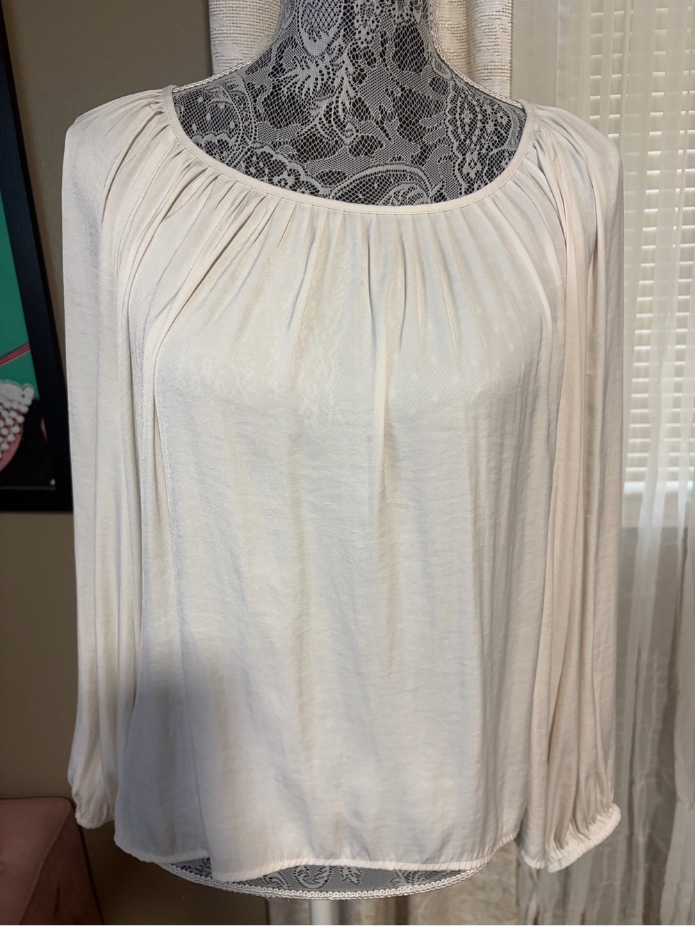 a new day Cream Long-Sleeve Gathered Neck Top, 100% Polyester